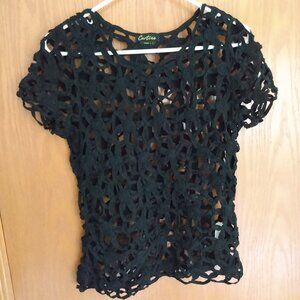 Cartise Black Top Short Sleeve Cartise Blouse Sz S 6 Cotton Tape Lace Net Sheer